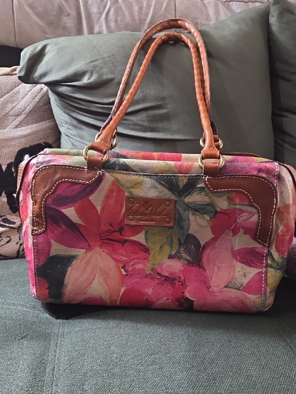 Patricia Nash Pink Floral Multicolor Satchel with Tan Leather Handles